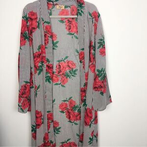 JORJA | Longline Duster Open Front Kimono Stripes & Roses Women’s Size Medium